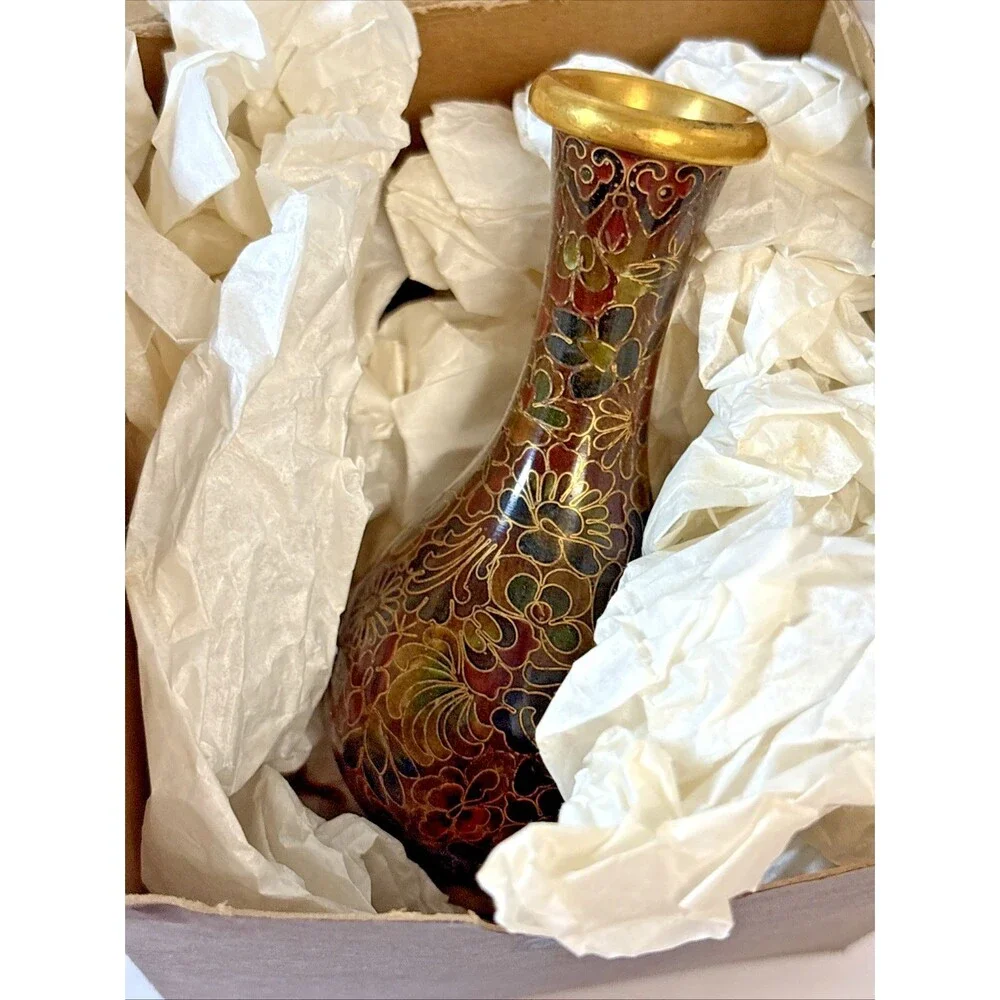 Cloisonné vase brown, burgundy, black floral 4
